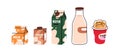 Dairy products in packages set. Cow milk, kefir, cream, yogurt on carton boxes, bottles. Milky beverages, drinks, food