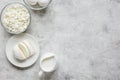 Dairy products for proteic meal on grey background top view mockup