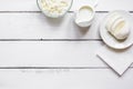 Dairy products for proteic meal on white background top view mock-up