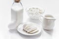 Dairy products for proteic meal on white table background