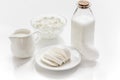 Dairy products for proteic meal on white table background