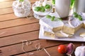 Dairy products in rustic wooden table elevated view