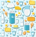 Dairy products seamless pattern with milk, cheese. Dairies background, texture, paper. Vector illustration. Royalty Free Stock Photo