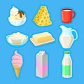 Dairy products set, fresh organic milk products vector Illustrations Royalty Free Stock Photo