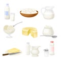Dairy Products with Sour Cream in Bowl, Cheese and Yogurt Vector Set