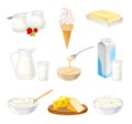 Dairy Products with Sour Cream in Bowl, Cheese and Yogurt Vector Set
