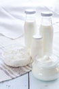 Dairy products. Sour milk cheese, sour cream, camembert and brie with checkered napkin on light blue wooden table Royalty Free Stock Photo