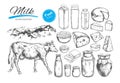 Dairy products vector collection. Cow, milk products, cheese , butter, sour cream, curd, yogurt. Farm foods. Farm landscape with c Royalty Free Stock Photo