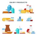 Dairy products vector set flat icons. Different traditional dairy products from milk. Royalty Free Stock Photo