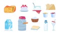 Dairy products. White milk containers, cheese slices, butter brick, bowls of yogurt and ice cream. Vector set of cartoon