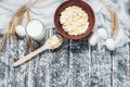 Dairy products on wooden table. Milk, cheese, egg. Top view with copy space