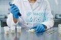 Dairy scientist using pipette for microbiological testing on cheese samples in petri dishes with digital HACCP interface for Royalty Free Stock Photo