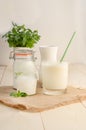 Dairy starter culture for the preparation of fermented milk products, yogurt, kefir on a white wooden background