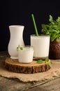 Dairy starter culture for the preparation of fermented milk products, yogurt, kefir in a glass on a wooden cut