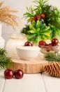 Dairy starter culture for the preparation of fermented milk products, yogurt, kefir on a white wooden background