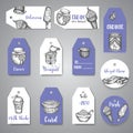 Dairy sweet Tags collection hand drawn vector illustration with dairy elements, Vintage retro style hanging Royalty Free Stock Photo