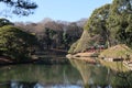 Daisensui Pond and Yukitsuri (snow hanging) in Rikugien Garden, Tokyo, Japan Royalty Free Stock Photo