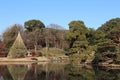 Daisensui Pond and Yukitsuri (snow hanging) in Rikugien Garden, Tokyo, Japan Royalty Free Stock Photo