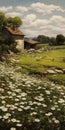 Realist Painting Of Daisies With Farm And Stones In Background