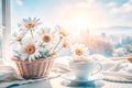 Daisies in basket, windowsill, city view, morning coffee Royalty Free Stock Photo