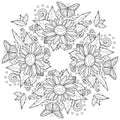 Daisies and butterflies. Symmetrical pattern.Coloring book antistress for children and adults.