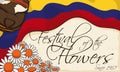 Daisies, Carriel and Colombian Flag over Scroll for Flowers Festival, Vector Illustration