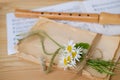 daisies flowers on rustic paper texture, wooden flute, sheet music, German traditions, dream imagination Royalty Free Stock Photo