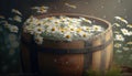 Daisies in a large rustic wooden barrel filled with water. Tincture, decoction, traditional medicine. Photorealistic drawing