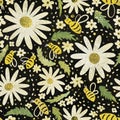 Daisies, leaves and bees. Hand drawn seamless pattern with texture. Summer print with white flowers