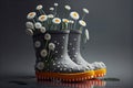 daisies and rubber grey boots. summer time. Beautiful chamomile flowers in rubber boots, AI Generated