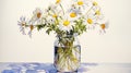 Realistic Watercolor Painting Of White Daisies In A Vase