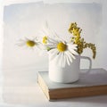 The Daisies in a white enamel mug on white paper background Royalty Free Stock Photo