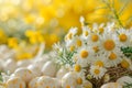 Daisy blossoms and speckled eggs nestled in a nest against a radiant yellow blurred backdrop, a vibrant celebration of