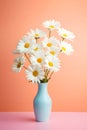 Daisy bouquet in vase on pastel orange and pink background