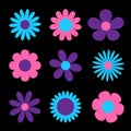 Daisy Chamomile. Cute Big Flower Plant Collection. Love Card. Camomile Icon. Purple, Violet, Pink, Blue Ultraviolet Neon Glowing