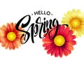 Daisy Flower Background and Hello Spring Lettering. Vector Illustration Royalty Free Stock Photo