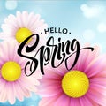 Daisy Flower Background and Hello Spring Lettering. Vector Illustration Royalty Free Stock Photo