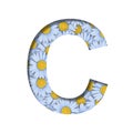 Daisy flower font. The letter C is cut out of paper on the background of a pattern of lovely blue daisies. Decorative floral fonts Royalty Free Stock Photo