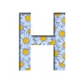 Daisy flower font. The letter H is cut out of paper on the background of a pattern of lovely blue daisies. Decorative floral fonts Royalty Free Stock Photo