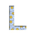 Daisy flower font. The letter L is cut out of paper on the background of a pattern of lovely blue daisies. Decorative floral fonts Royalty Free Stock Photo