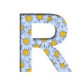 Daisy flower font. The letter R is cut out of paper on the background of a pattern of lovely blue daisies. Decorative floral fonts Royalty Free Stock Photo