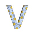 Daisy flower font. The letter V is cut out of paper on the background of a pattern of lovely blue daisies. Decorative floral fonts Royalty Free Stock Photo