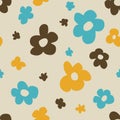 Daisy flower groovy 1970 good vibes seamless vector pattern background. Warm retro abstract wallpaper, trendy 70s decor