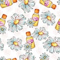 Daisy flower seamless pattern. Spa cosmetics illustration. Hand drawn beauty and aromatherapy elements. Cartoon vector Royalty Free Stock Photo