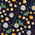 Daisy flower wildflower and butterfly seamless pattern