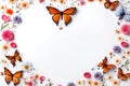 Daisy flowers and butterflies heart on white background. Royalty Free Stock Photo