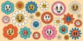 Daisy flowers with cartoon faces. Funny smiling chamomile characters, trendy retro groovy style, psychedelic hippie 60s Royalty Free Stock Photo