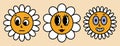 Daisy flowers with cartoon funny faces. Bloom camomile with different emotion one eyebrow raised, beauty, nerd. Sticker