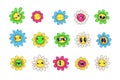 Daisy flowers faces. Flower motivation smiley for kids vintage stickers, floral emoticon cute camomile or sunflower Royalty Free Stock Photo