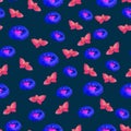 Daisy Flowers And Leaves Regular Pattern Neon Background. Pink English Bellis Perennis Bellasima Rose.Blue Purple Colors